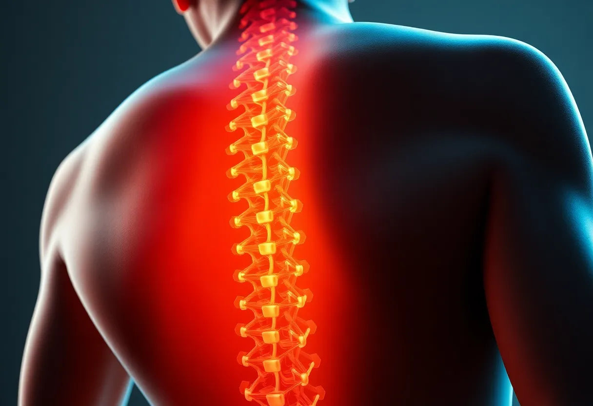 Rückenschmerzen verstehen: Symptome eines Bandscheibenvorfalls in der Lendenwirbelsäule erkennen - Illustration